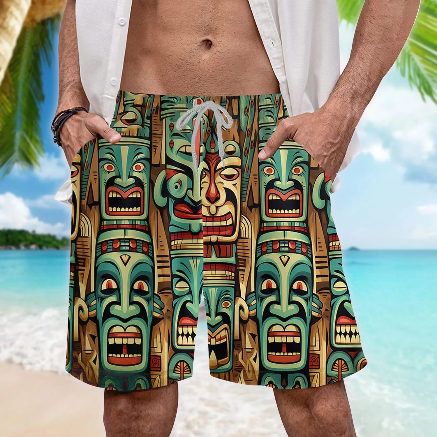 Hula Tiki Mens Hawaiian Sport Shorts - Tropical Tiki Hawaiian Shorts for Men - Casual Drawstring Beachwear Shorts Series 16