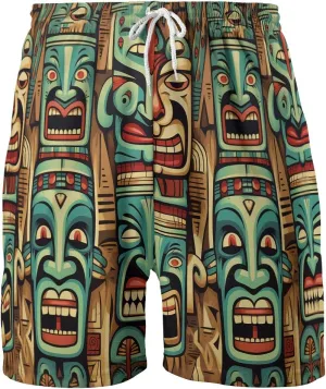 Hula Tiki Mens Hawaiian Sport Shorts - Tropical Tiki Hawaiian Shorts for Men - Casual Drawstring Beachwear Shorts Series 16