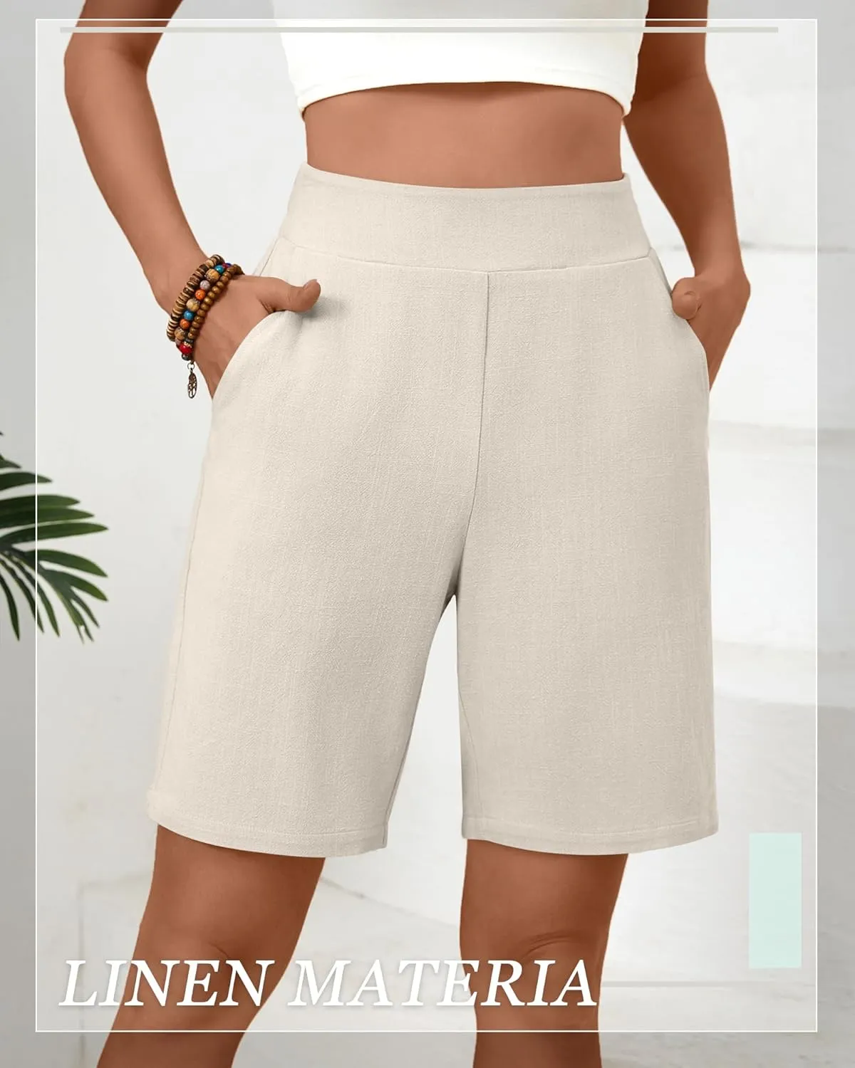 Huukeay 2 Pack Women's Linen Shorts Summer Casual Wide Leg Elastic Waistband Bermuda Shorts with Pockets