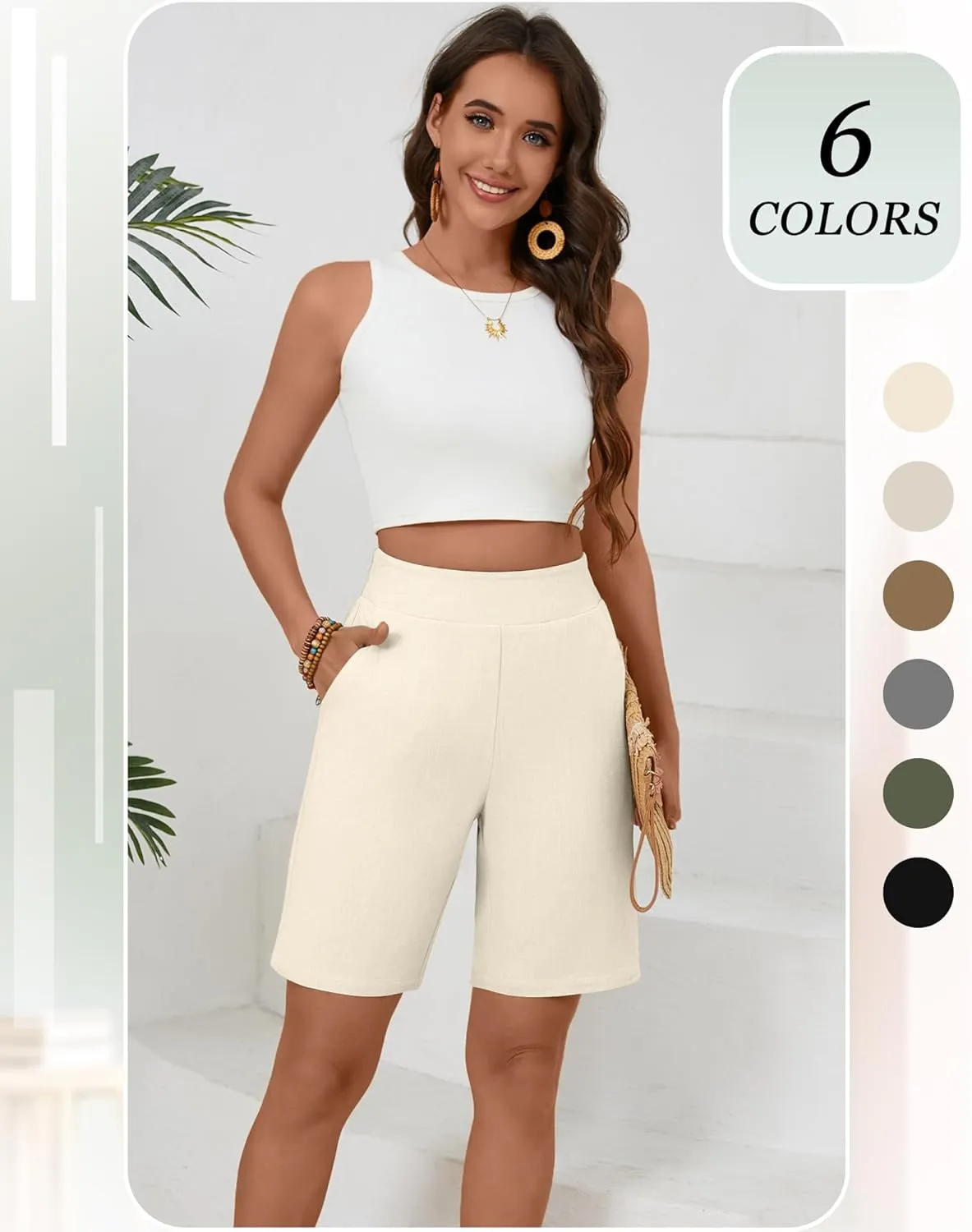 Huukeay 2 Pack Women's Linen Shorts Summer Casual Wide Leg Elastic Waistband Bermuda Shorts with Pockets