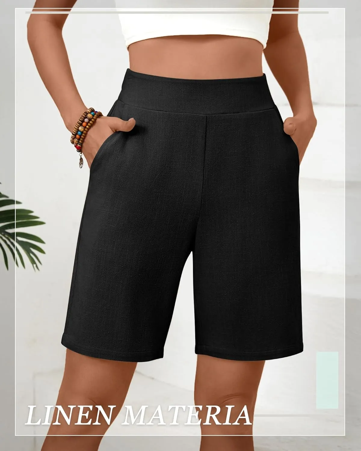 Huukeay 2 Pack Women's Linen Shorts Summer Casual Wide Leg Elastic Waistband Bermuda Shorts with Pockets