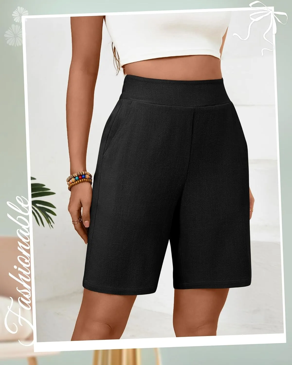 Huukeay 2 Pack Women's Linen Shorts Summer Casual Wide Leg Elastic Waistband Bermuda Shorts with Pockets