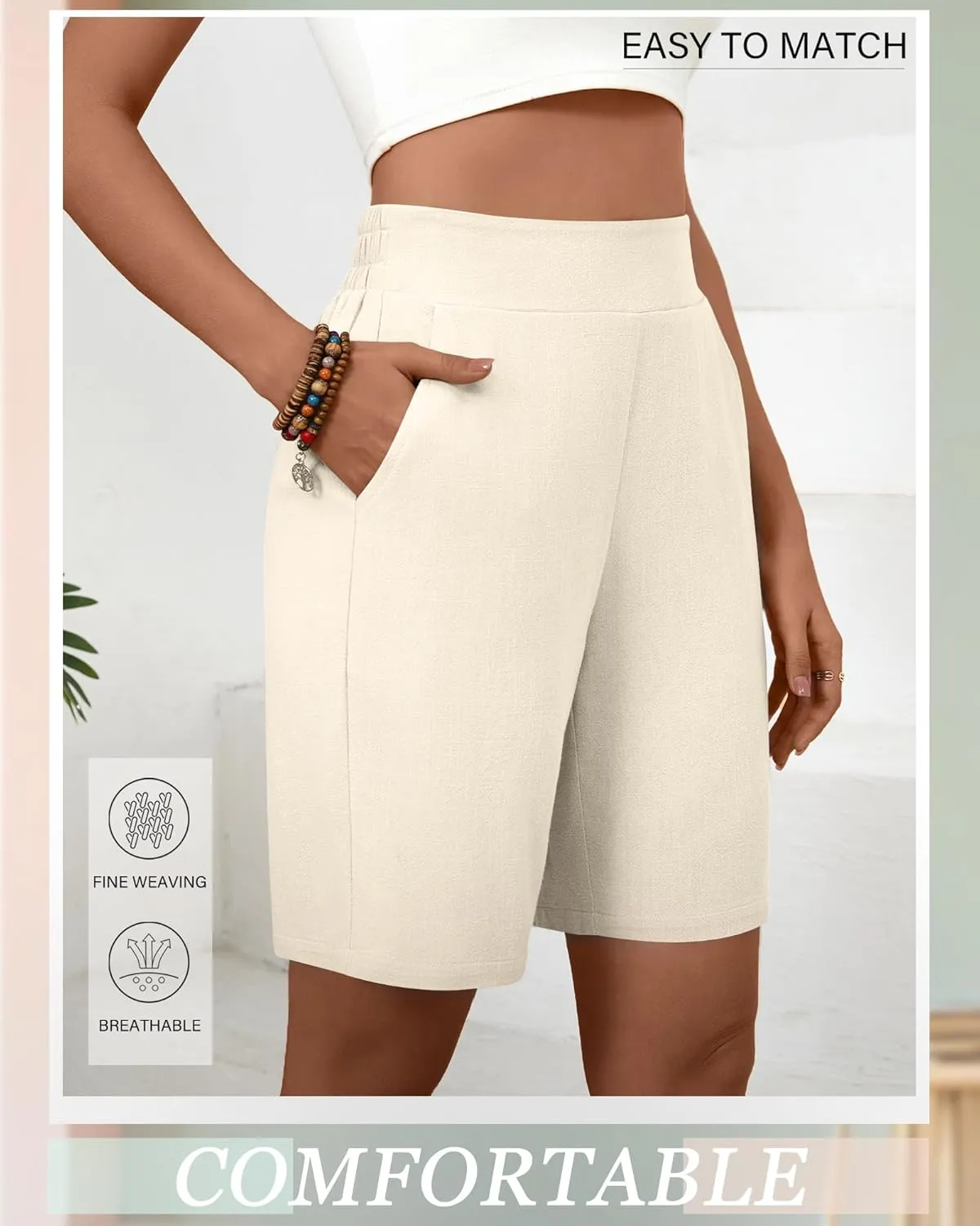 Huukeay 2 Pack Women's Linen Shorts Summer Casual Wide Leg Elastic Waistband Bermuda Shorts with Pockets