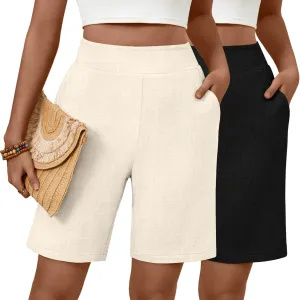 Huukeay 2 Pack Women's Linen Shorts Summer Casual Wide Leg Elastic Waistband Bermuda Shorts with Pockets