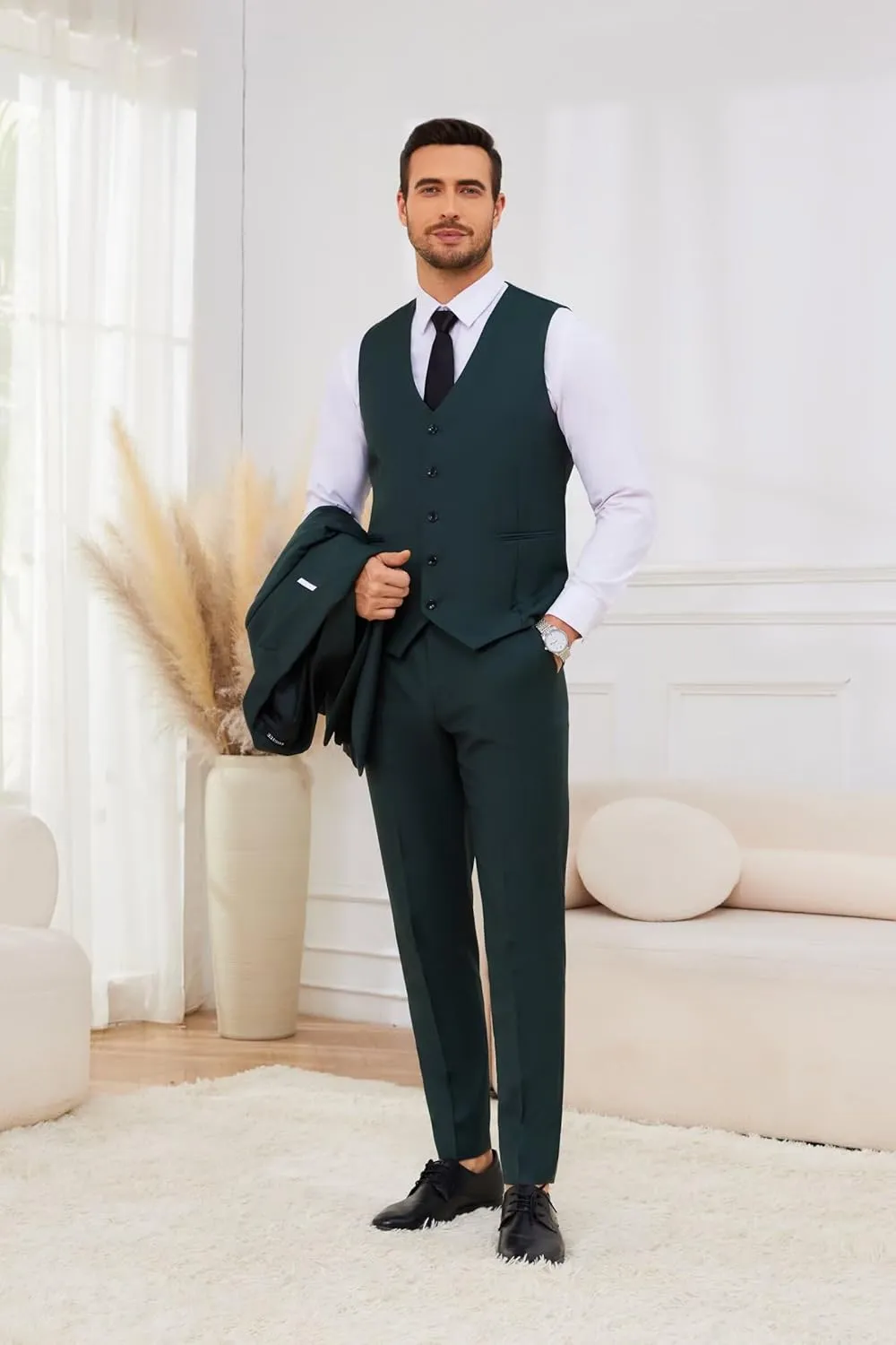 HUUTOE Mens Vest and Pants Suit 2 Piece Slim Fit Suits for Wedding Grooms Dress Waistcoat Pants Casual Prom Tuxedo Set