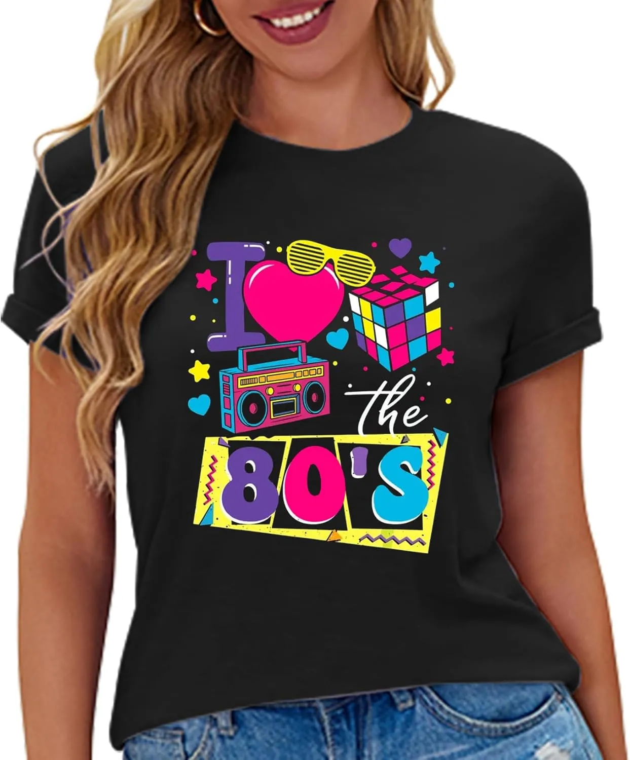 I Love The 80's Shirts for Women Vintage 80s Music Tee 80s Theme Party Short Sleeve Tops