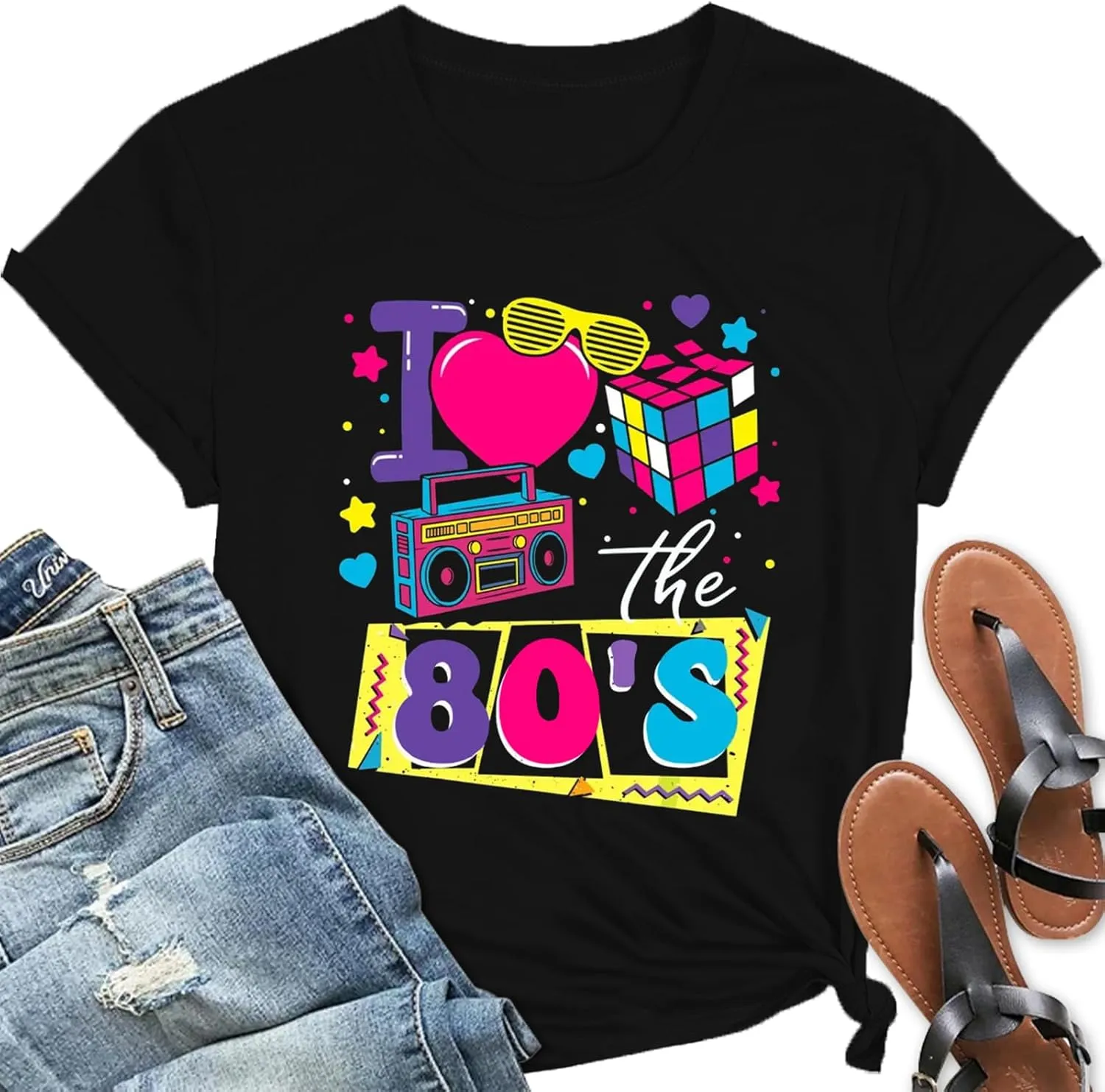 I Love The 80's Shirts for Women Vintage 80s Music Tee 80s Theme Party Short Sleeve Tops