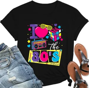 I Love The 80's Shirts for Women Vintage 80s Music Tee 80s Theme Party Short Sleeve Tops