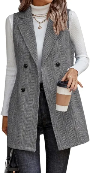 IDEALSANXUN Long Vest for Women Sleeveless Tweed Blazer Fall Jackets Cardigan Outerwear
