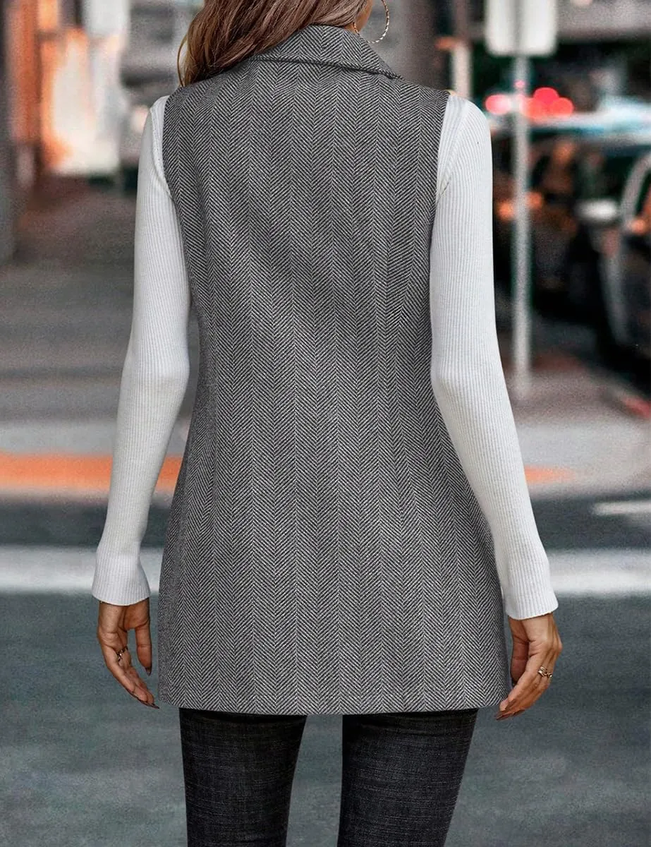 IDEALSANXUN Long Vest for Women Sleeveless Tweed Blazer Fall Jackets Cardigan Outerwear