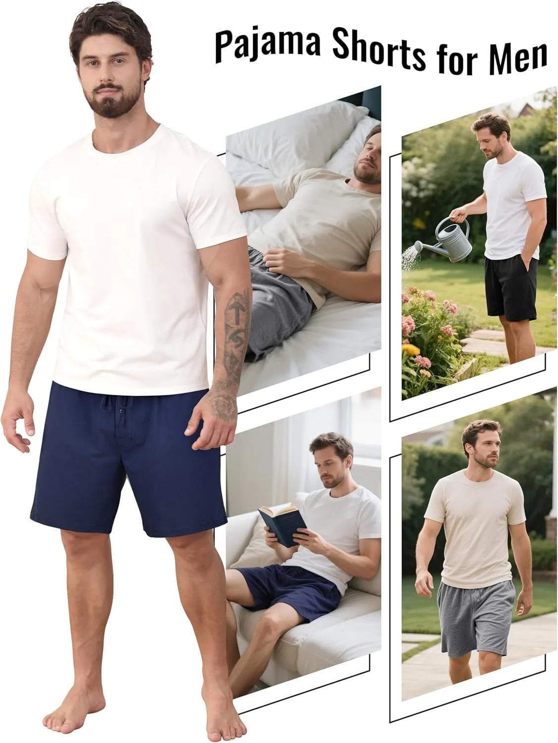 IHU 3 Pack Men's Cotton Pajama Shorts - Soft Sleepwear & Lounge Bottoms with Drawstring & Pockets Sleep Shorts for Men