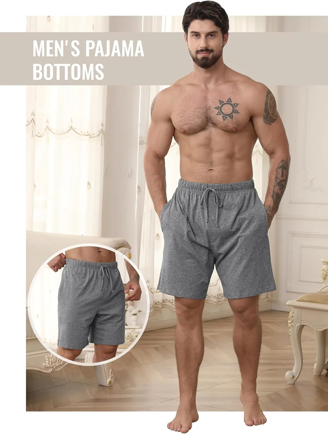 IHU 3 Pack Men's Cotton Pajama Shorts - Soft Sleepwear & Lounge Bottoms with Drawstring & Pockets Sleep Shorts for Men