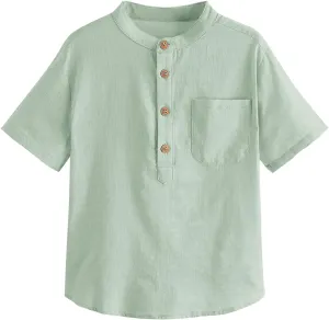 Inorin Boys Button Up Henley Shirt Short Sleeve Lightweight Summer Linen Cotton Dress Shirts Tees Tops with One Pocket