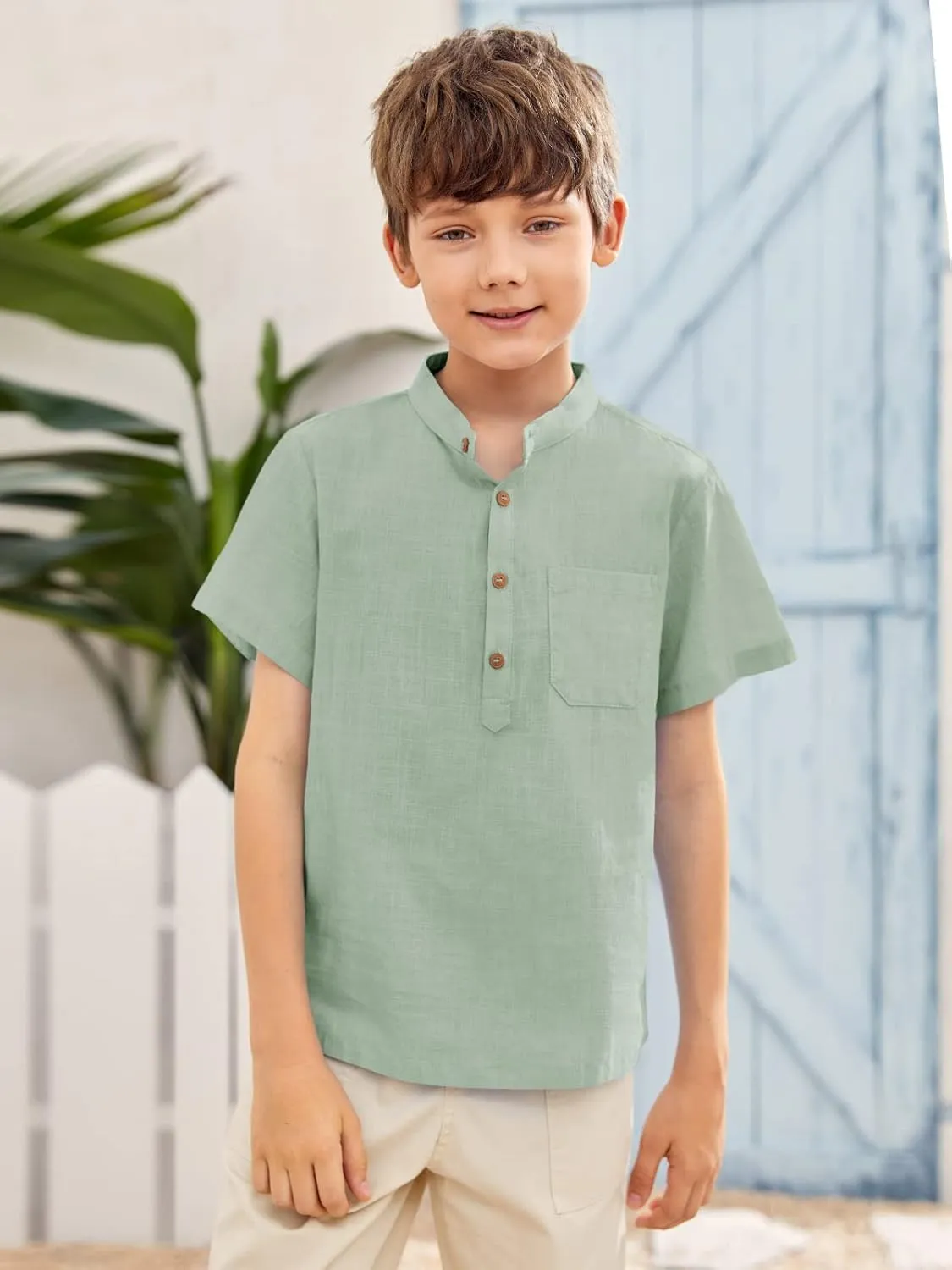 Inorin Boys Button Up Henley Shirt Short Sleeve Lightweight Summer Linen Cotton Dress Shirts Tees Tops with One Pocket