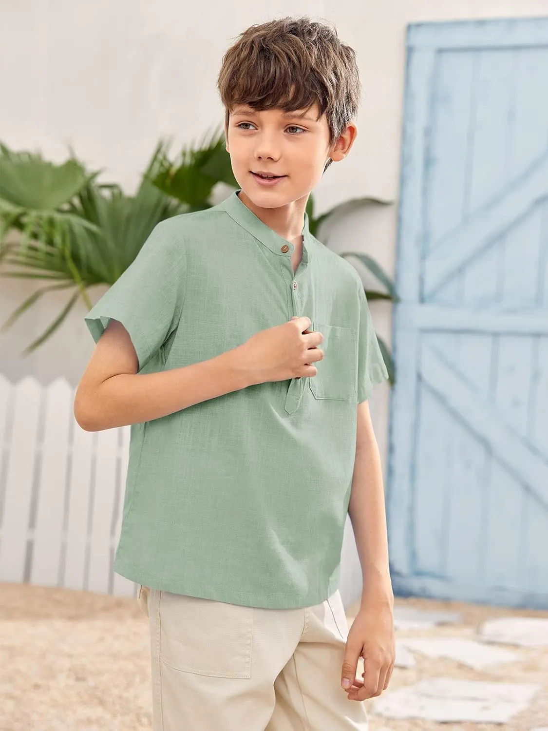 Inorin Boys Button Up Henley Shirt Short Sleeve Lightweight Summer Linen Cotton Dress Shirts Tees Tops with One Pocket