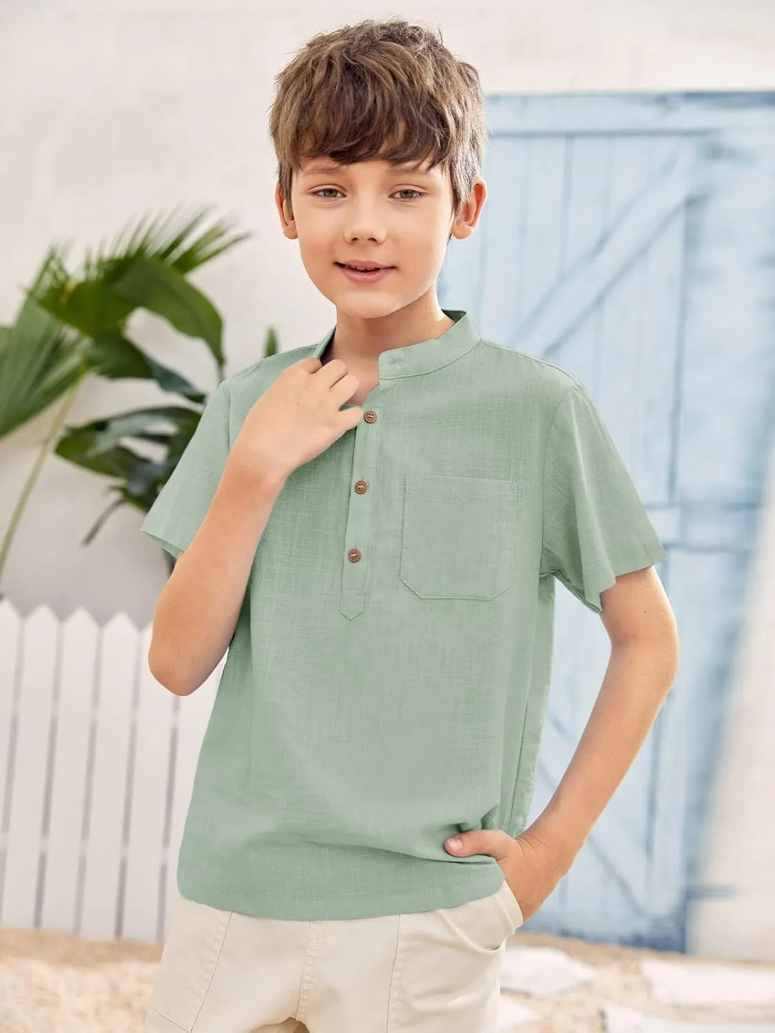 Inorin Boys Button Up Henley Shirt Short Sleeve Lightweight Summer Linen Cotton Dress Shirts Tees Tops with One Pocket