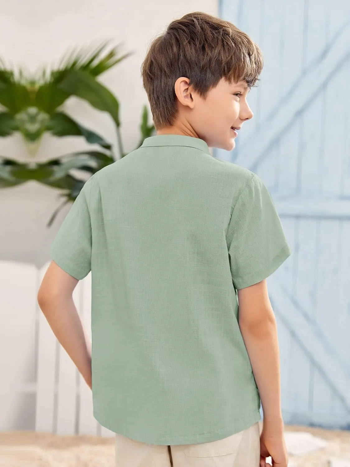 Inorin Boys Button Up Henley Shirt Short Sleeve Lightweight Summer Linen Cotton Dress Shirts Tees Tops with One Pocket