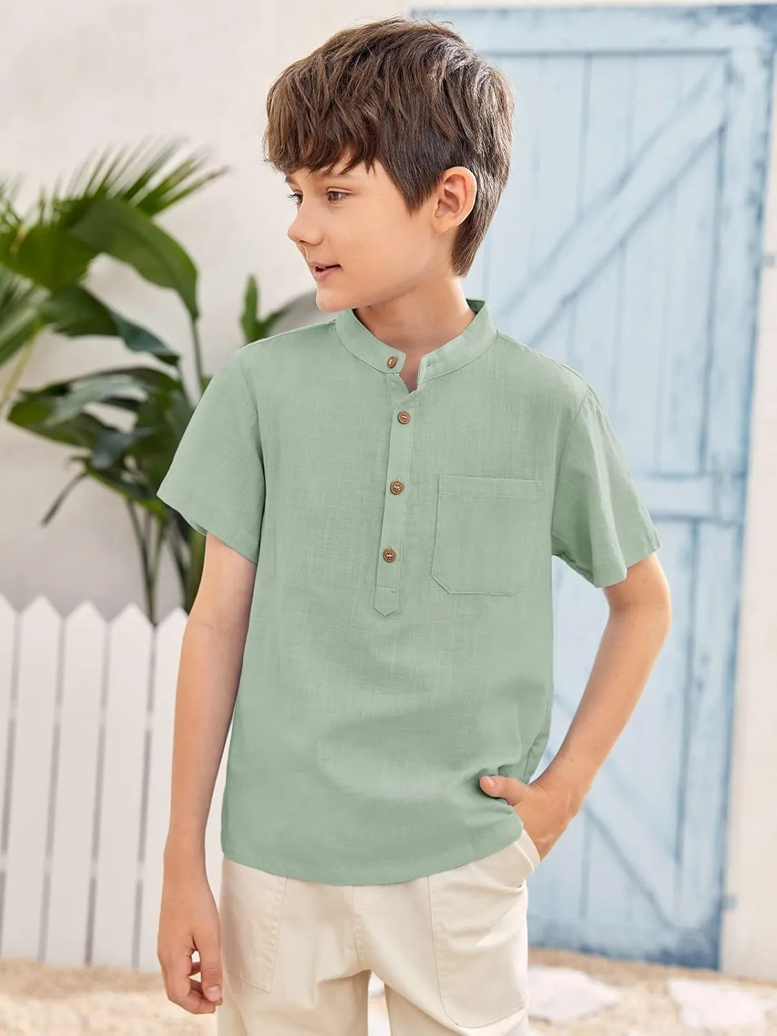 Inorin Boys Button Up Henley Shirt Short Sleeve Lightweight Summer Linen Cotton Dress Shirts Tees Tops with One Pocket