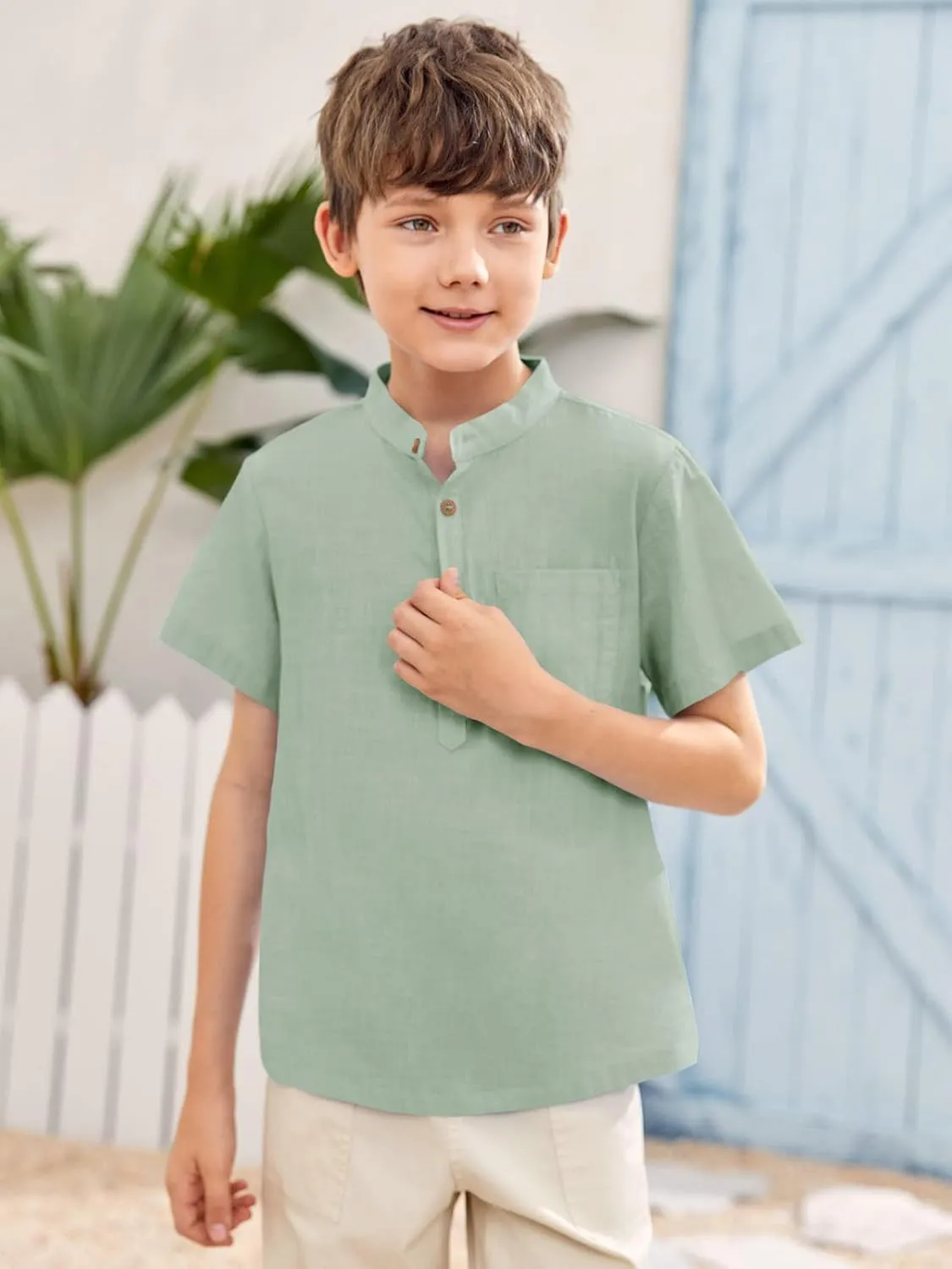 Inorin Boys Button Up Henley Shirt Short Sleeve Lightweight Summer Linen Cotton Dress Shirts Tees Tops with One Pocket