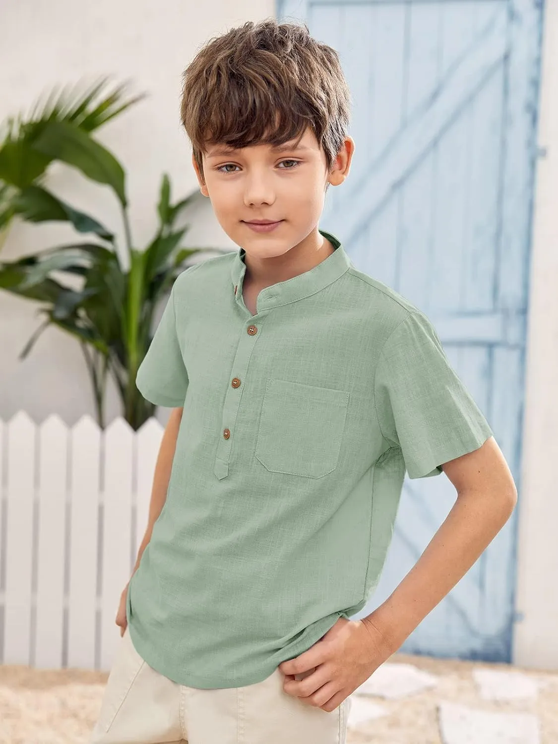 Inorin Boys Button Up Henley Shirt Short Sleeve Lightweight Summer Linen Cotton Dress Shirts Tees Tops with One Pocket