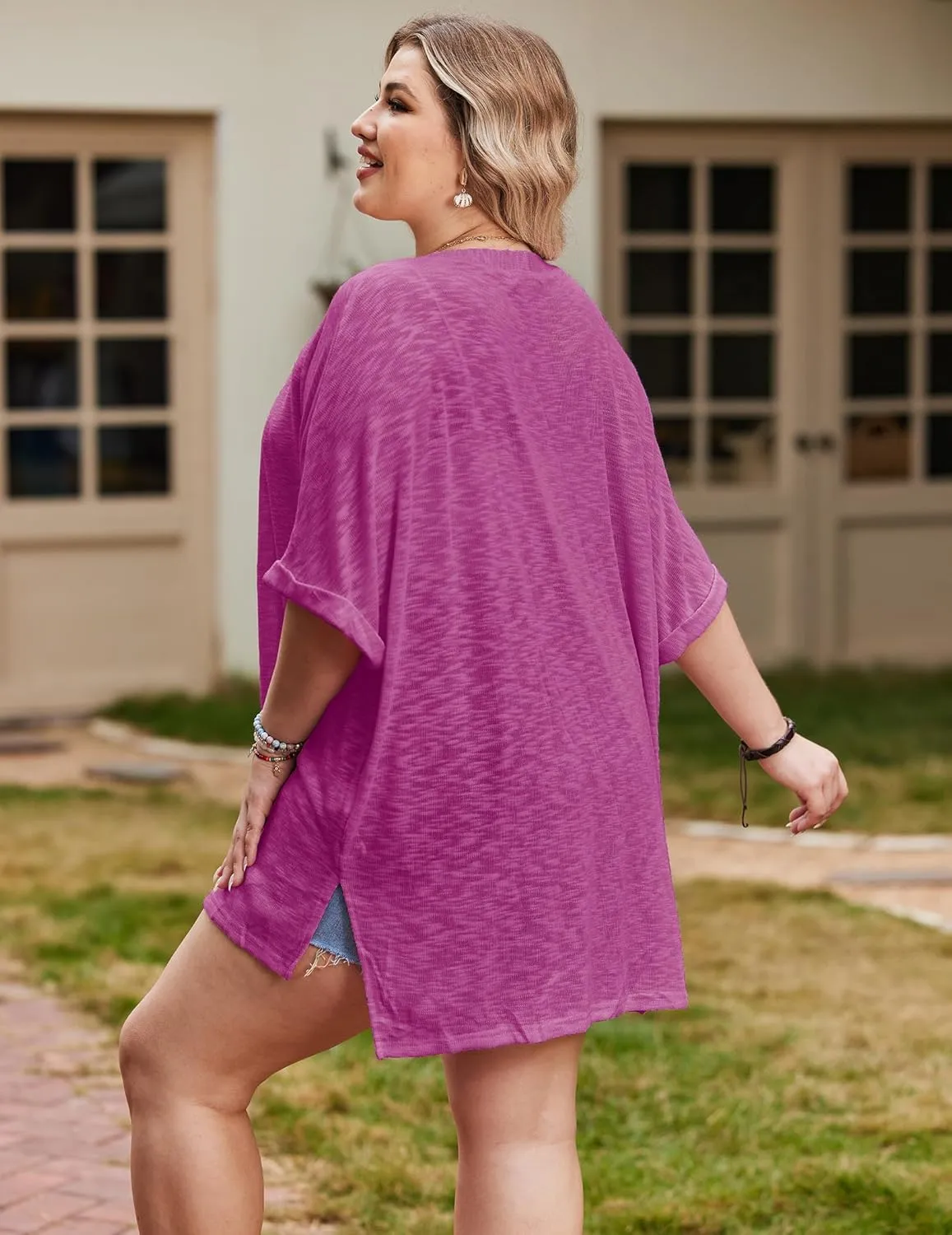 IN'VOLAND Womens Plus Size Lightweight Cardigan Open Front Short Sleeve Casual Loose Fit Beach Cover Up