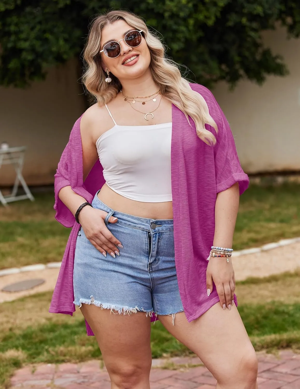 IN'VOLAND Womens Plus Size Lightweight Cardigan Open Front Short Sleeve Casual Loose Fit Beach Cover Up