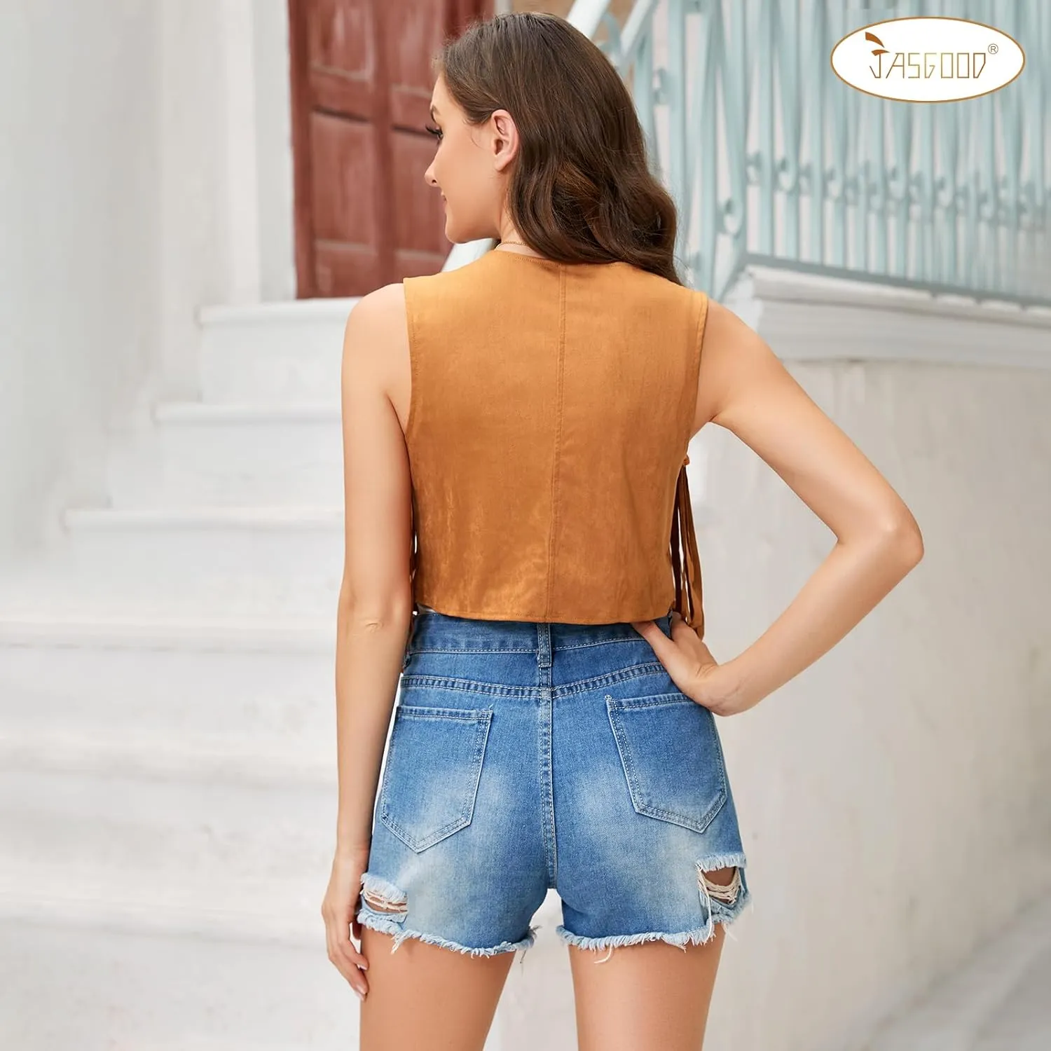 JASGOOD Women's Tassel Vest 70s Hippie Faux Suede Sleeveless Fringe Jacket Western Outfit for Women