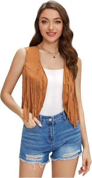 JASGOOD Women's Tassel Vest 70s Hippie Faux Suede Sleeveless Fringe Jacket Western Outfit for Women