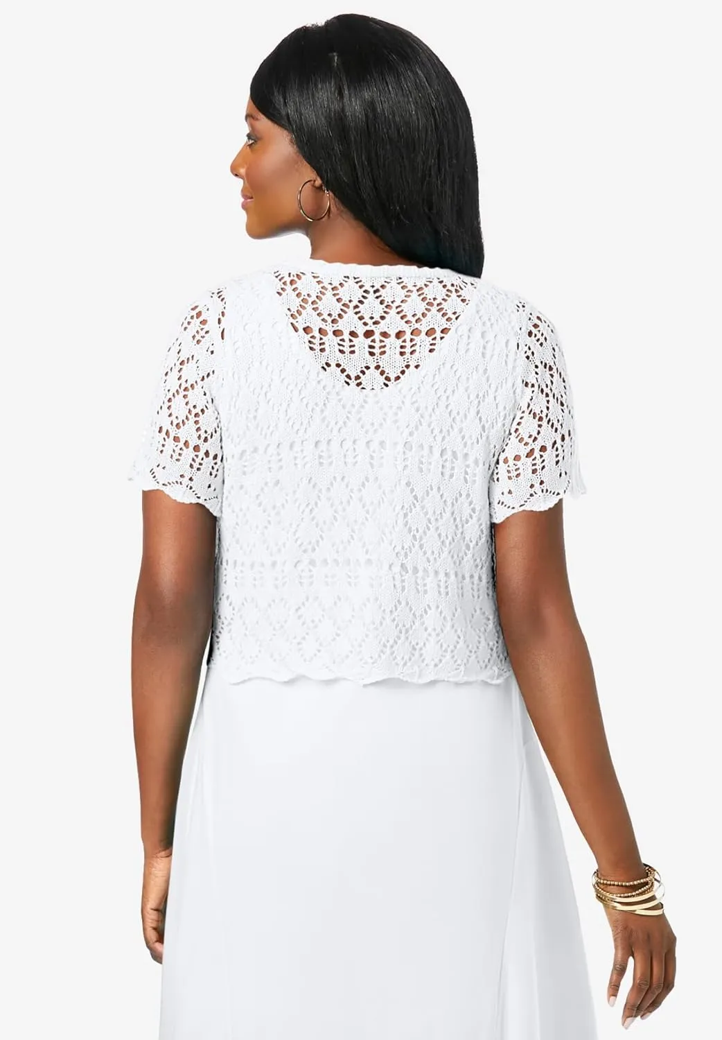 Jessica London Women's Plus Size V-Neck Short Sleeve Open Front Button Up Crochet Shrug