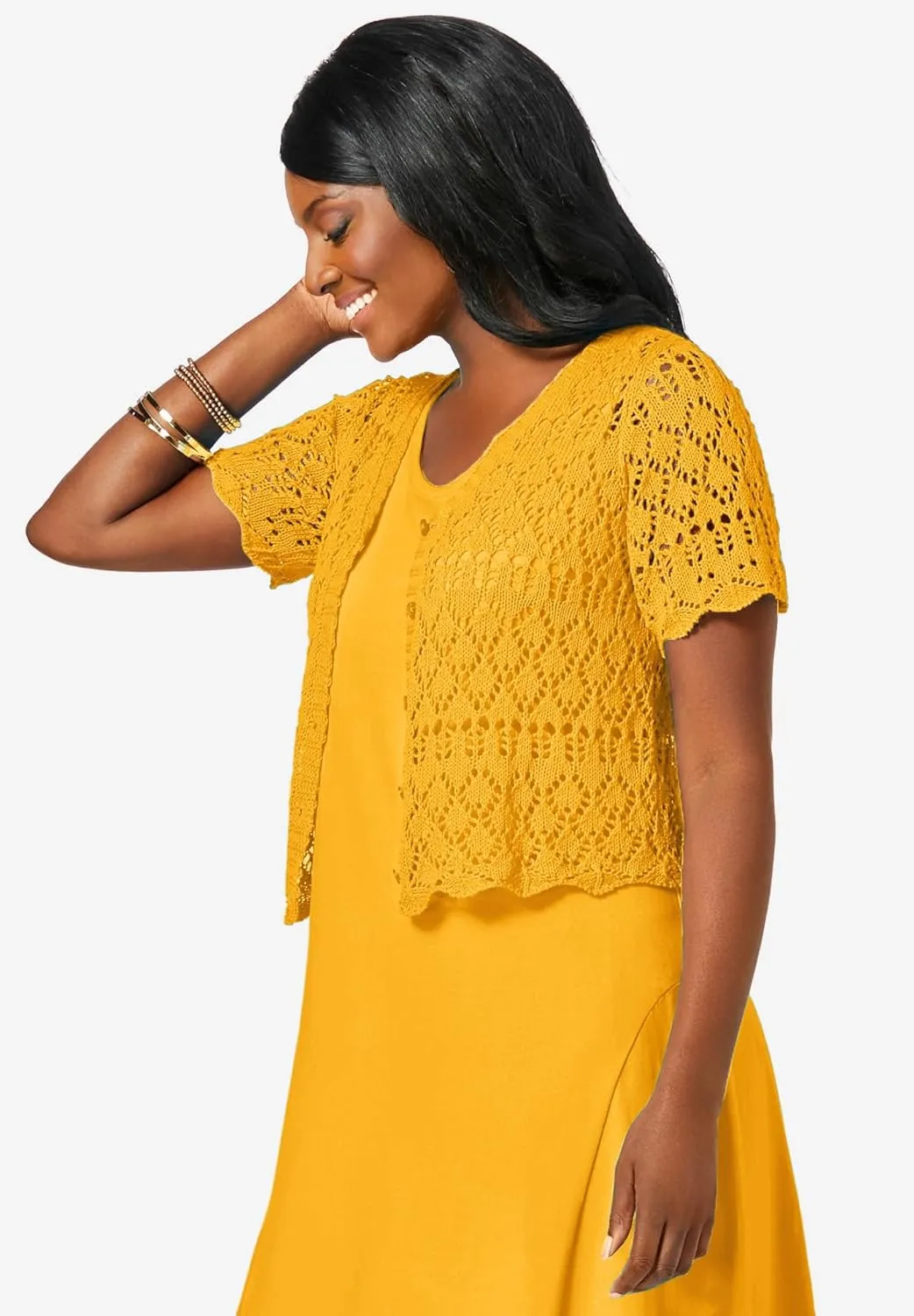 Jessica London Women's Plus Size V-Neck Short Sleeve Open Front Button Up Crochet Shrug