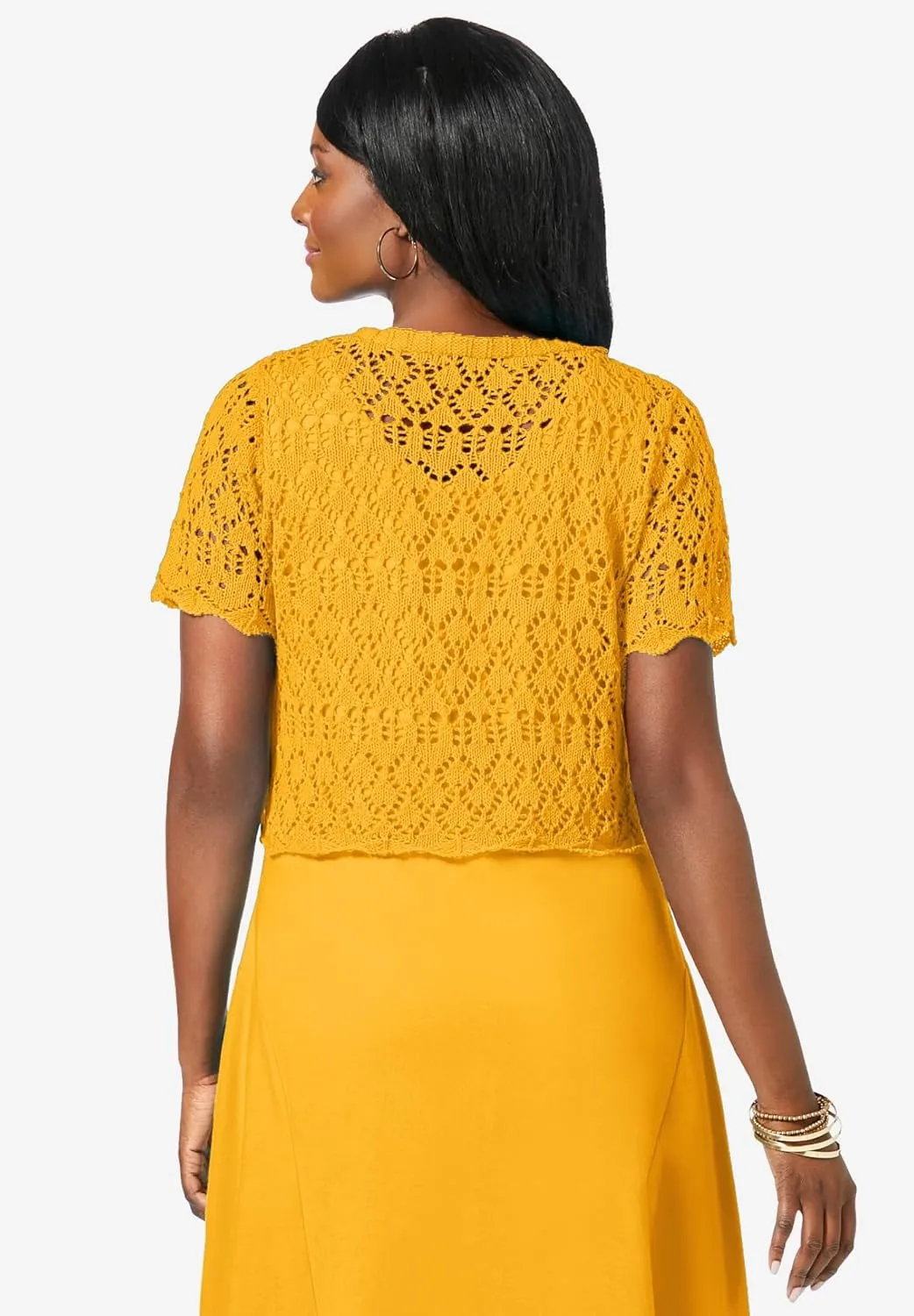 Jessica London Women's Plus Size V-Neck Short Sleeve Open Front Button Up Crochet Shrug