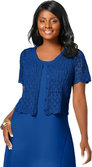 Jessica London Women's Plus Size V-Neck Short Sleeve Open Front Button Up Crochet Shrug