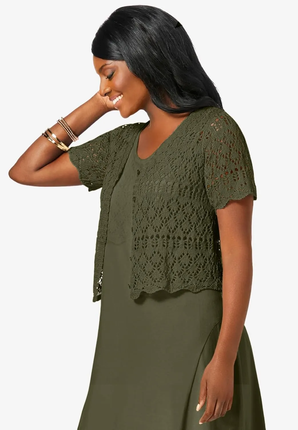 Jessica London Women's Plus Size V-Neck Short Sleeve Open Front Button Up Crochet Shrug