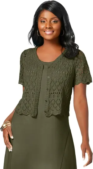Jessica London Women's Plus Size V-Neck Short Sleeve Open Front Button Up Crochet Shrug