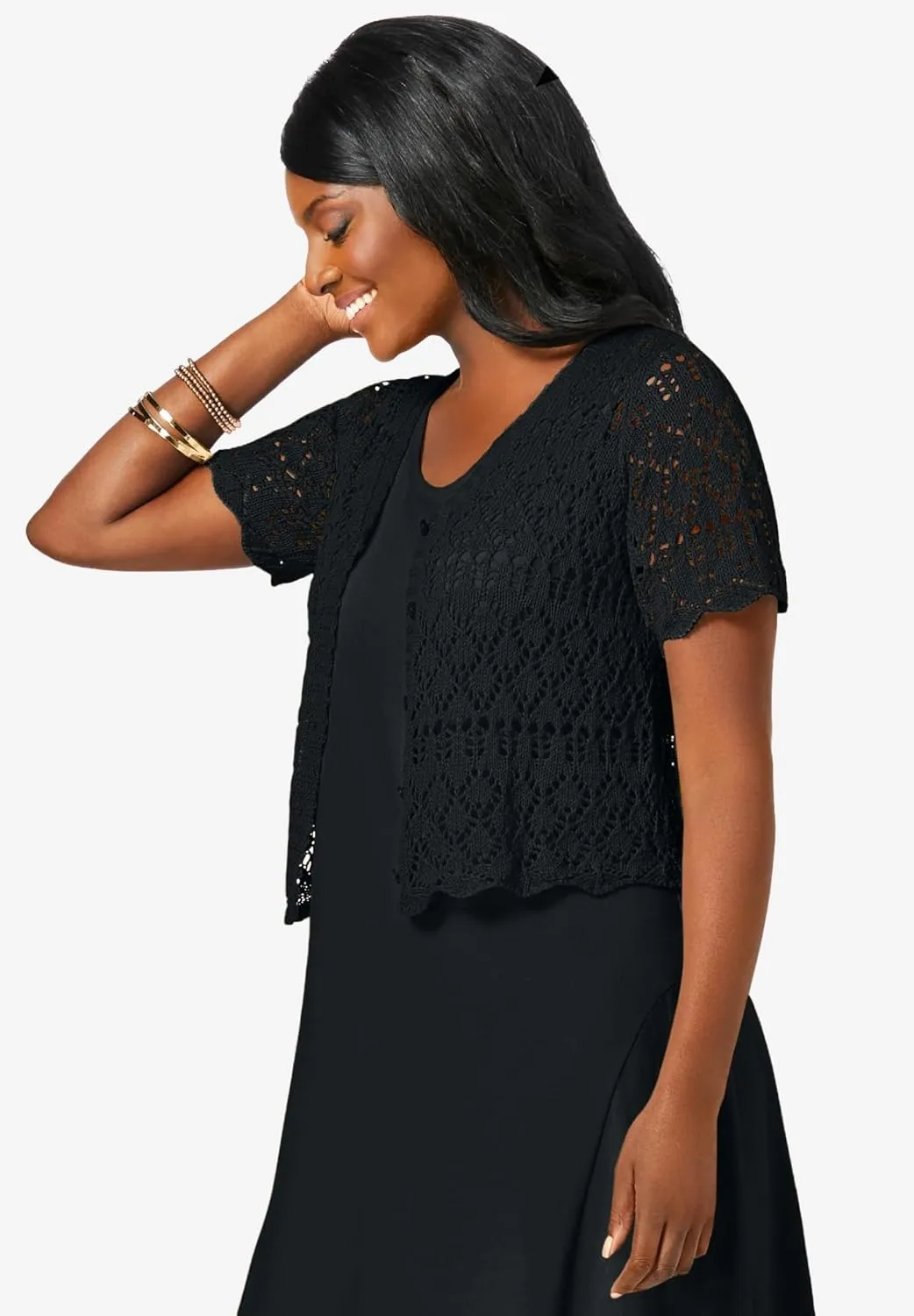 Jessica London Women's Plus Size V-Neck Short Sleeve Open Front Button Up Crochet Shrug