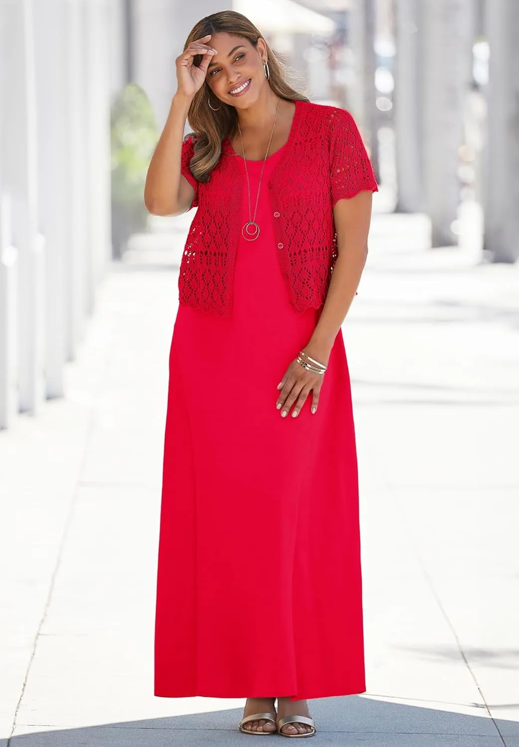 Jessica London Women's Plus Size V-Neck Short Sleeve Open Front Button Up Crochet Shrug