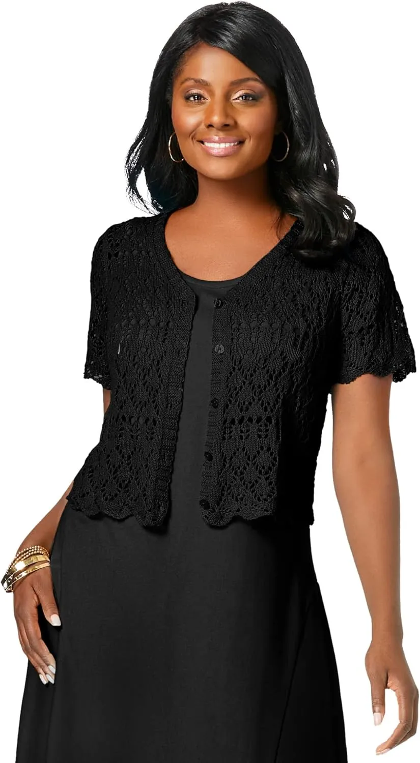Jessica London Women's Plus Size V-Neck Short Sleeve Open Front Button Up Crochet Shrug