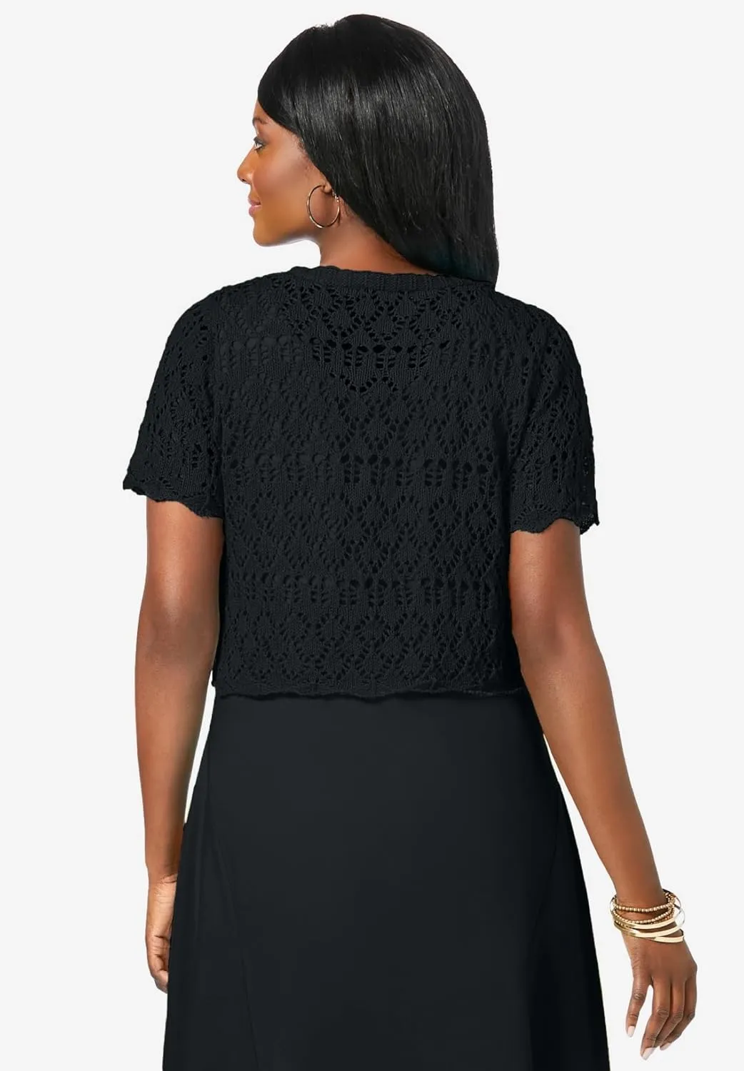 Jessica London Women's Plus Size V-Neck Short Sleeve Open Front Button Up Crochet Shrug