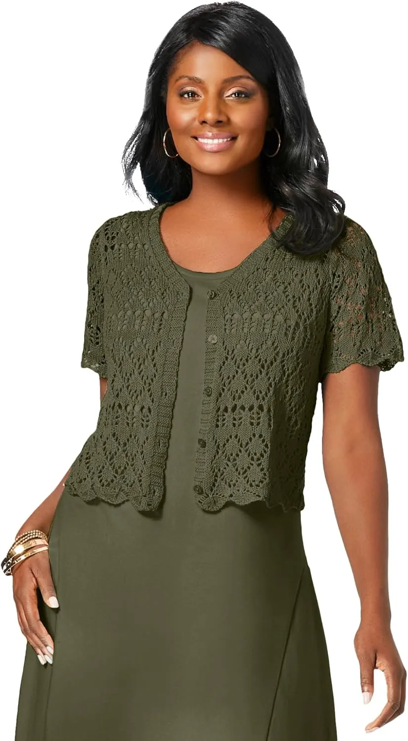 Jessica London Women's Plus Size V-Neck Short Sleeve Open Front Button Up Crochet Shrug