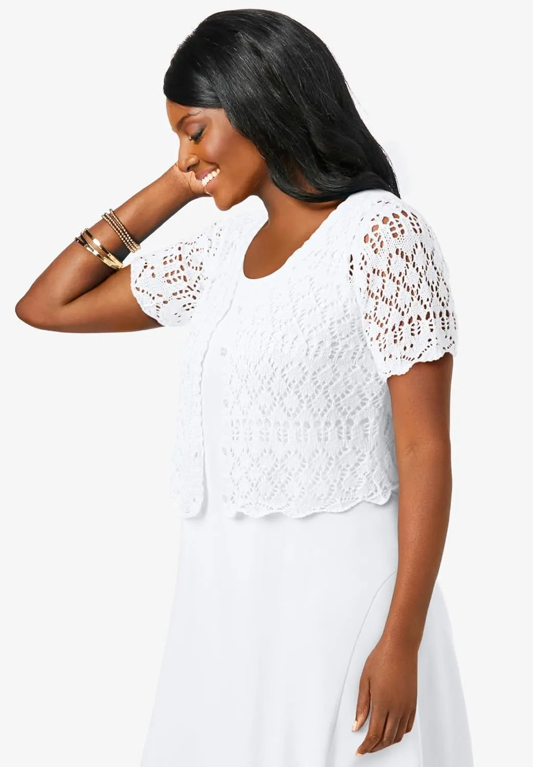 Jessica London Women's Plus Size V-Neck Short Sleeve Open Front Button Up Crochet Shrug