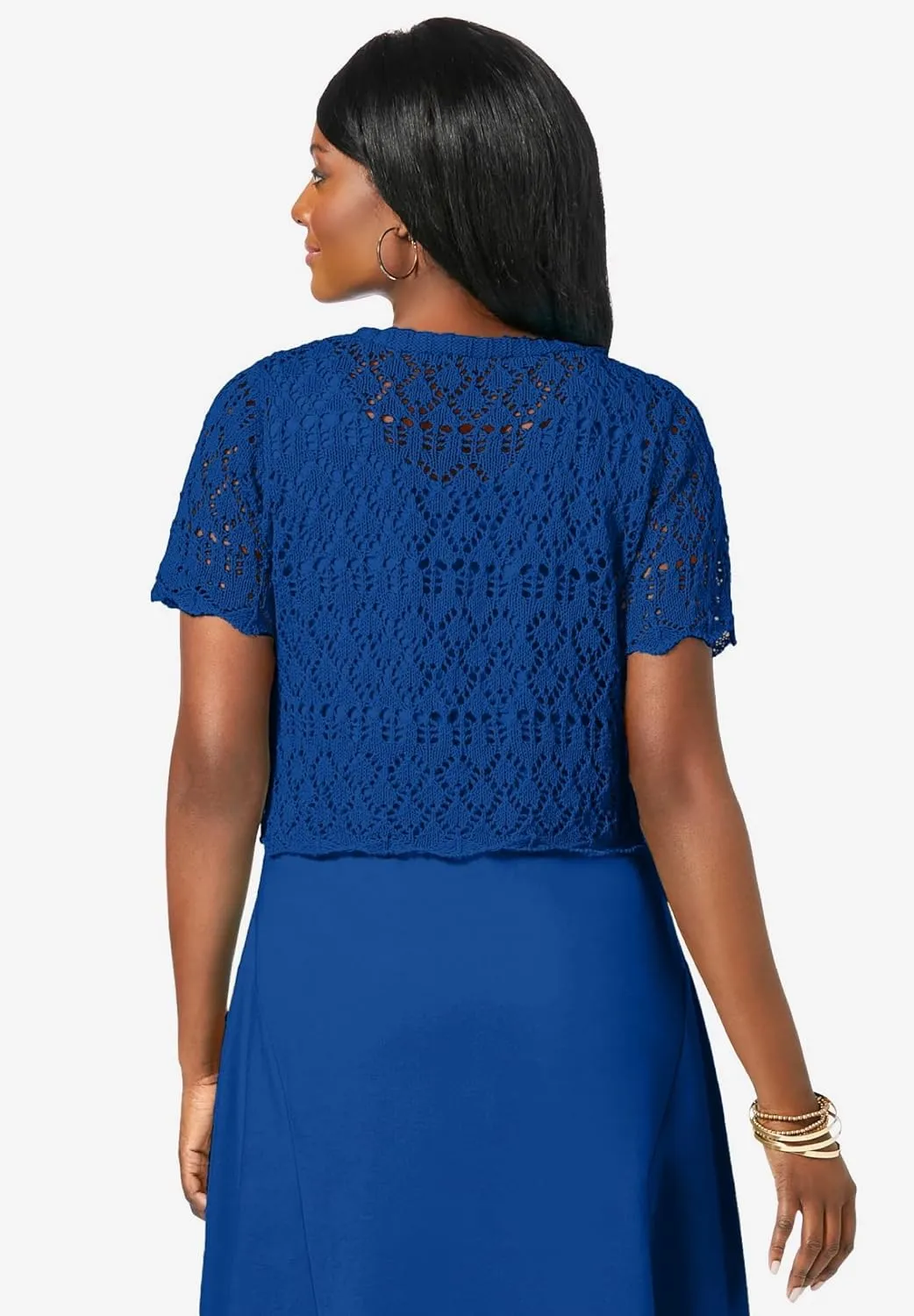 Jessica London Women's Plus Size V-Neck Short Sleeve Open Front Button Up Crochet Shrug