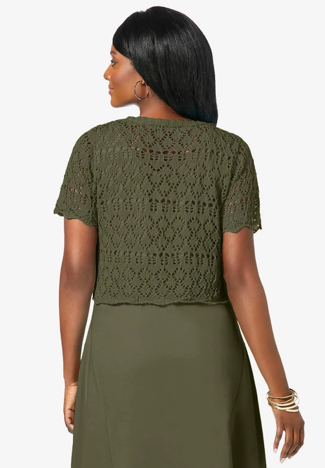 Jessica London Women's Plus Size V-Neck Short Sleeve Open Front Button Up Crochet Shrug