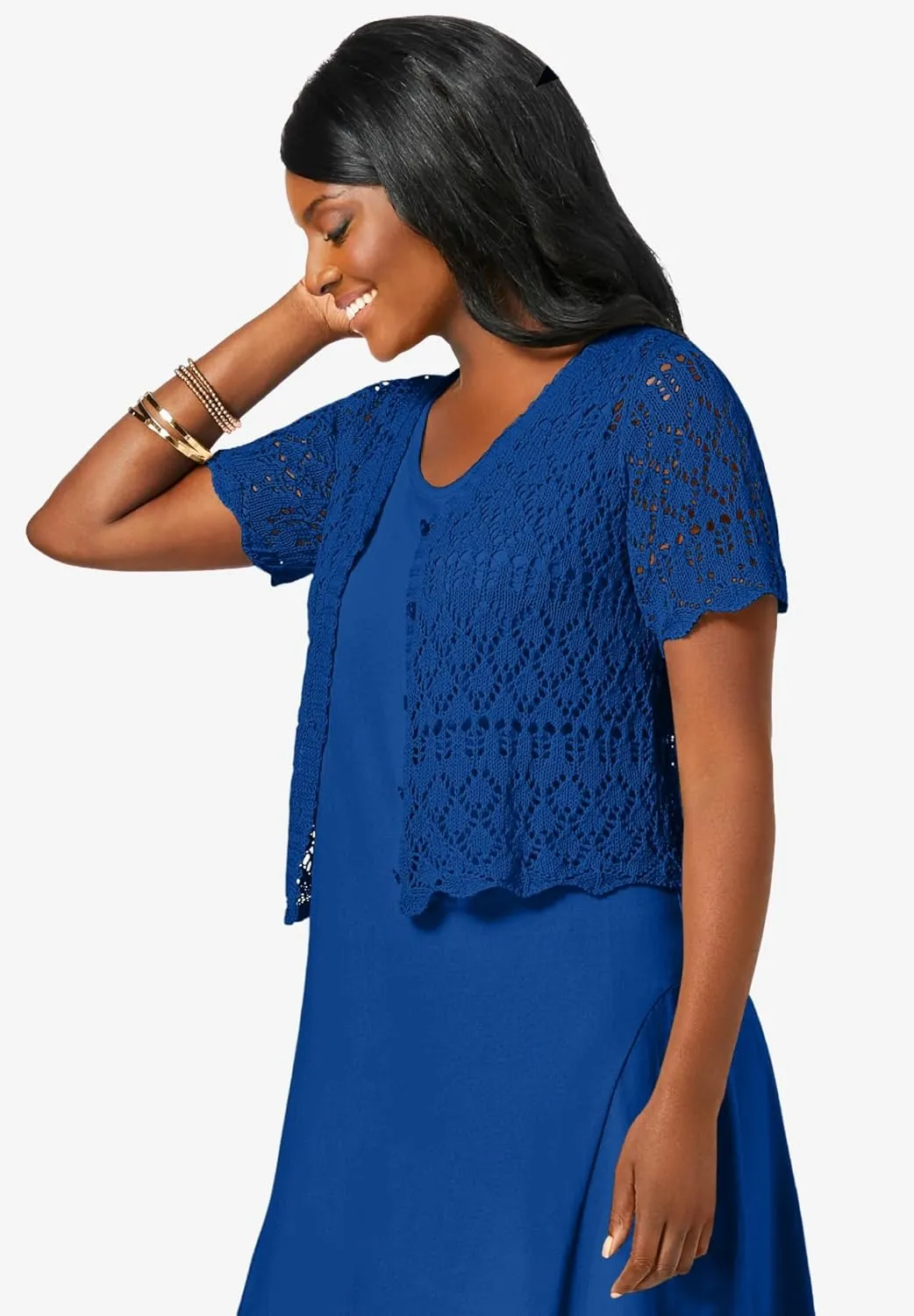 Jessica London Women's Plus Size V-Neck Short Sleeve Open Front Button Up Crochet Shrug