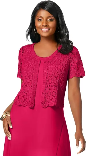 Jessica London Women's Plus Size V-Neck Short Sleeve Open Front Button Up Crochet Shrug
