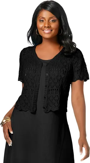 Jessica London Women's Plus Size V-Neck Short Sleeve Open Front Button Up Crochet Shrug