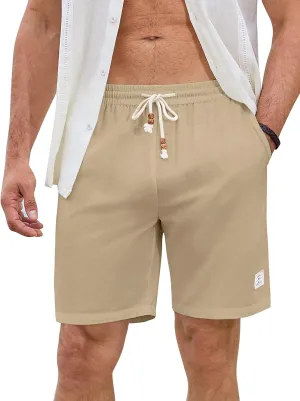 JMIERR Mens Shorts Linen Cotton 7" Casual Elastic Waist Drawstring Lightweight Summer Beach Shorts with Pockets