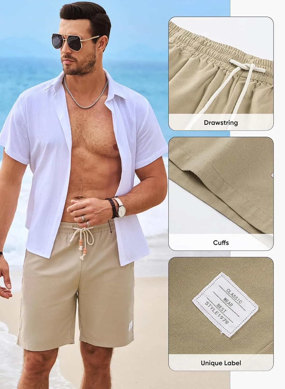 JMIERR Mens Shorts Linen Cotton 7" Casual Elastic Waist Drawstring Lightweight Summer Beach Shorts with Pockets