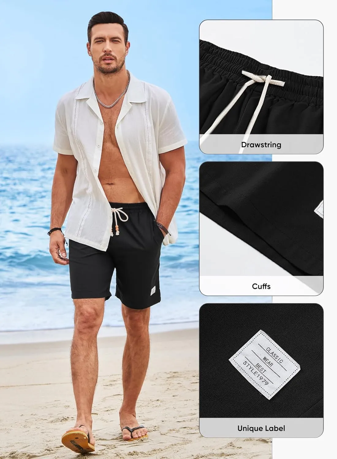 JMIERR Mens Shorts Linen Cotton 7" Casual Elastic Waist Drawstring Lightweight Summer Beach Shorts with Pockets