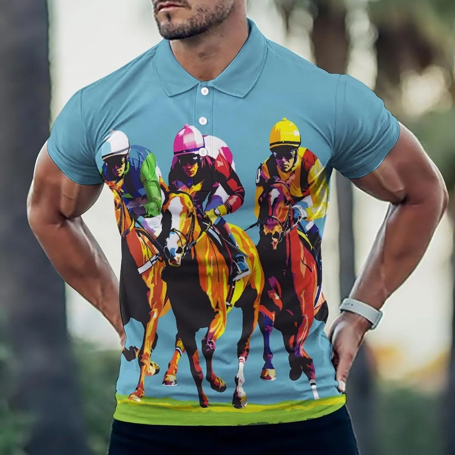 Jockeys Horses Racing Mens Polo Shirts Quick Dry Short Sleeve Golf Slim Fit T Shirt
