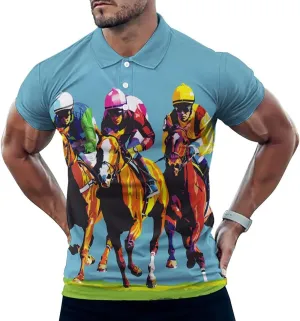 Jockeys Horses Racing Mens Polo Shirts Quick Dry Short Sleeve Golf Slim Fit T Shirt
